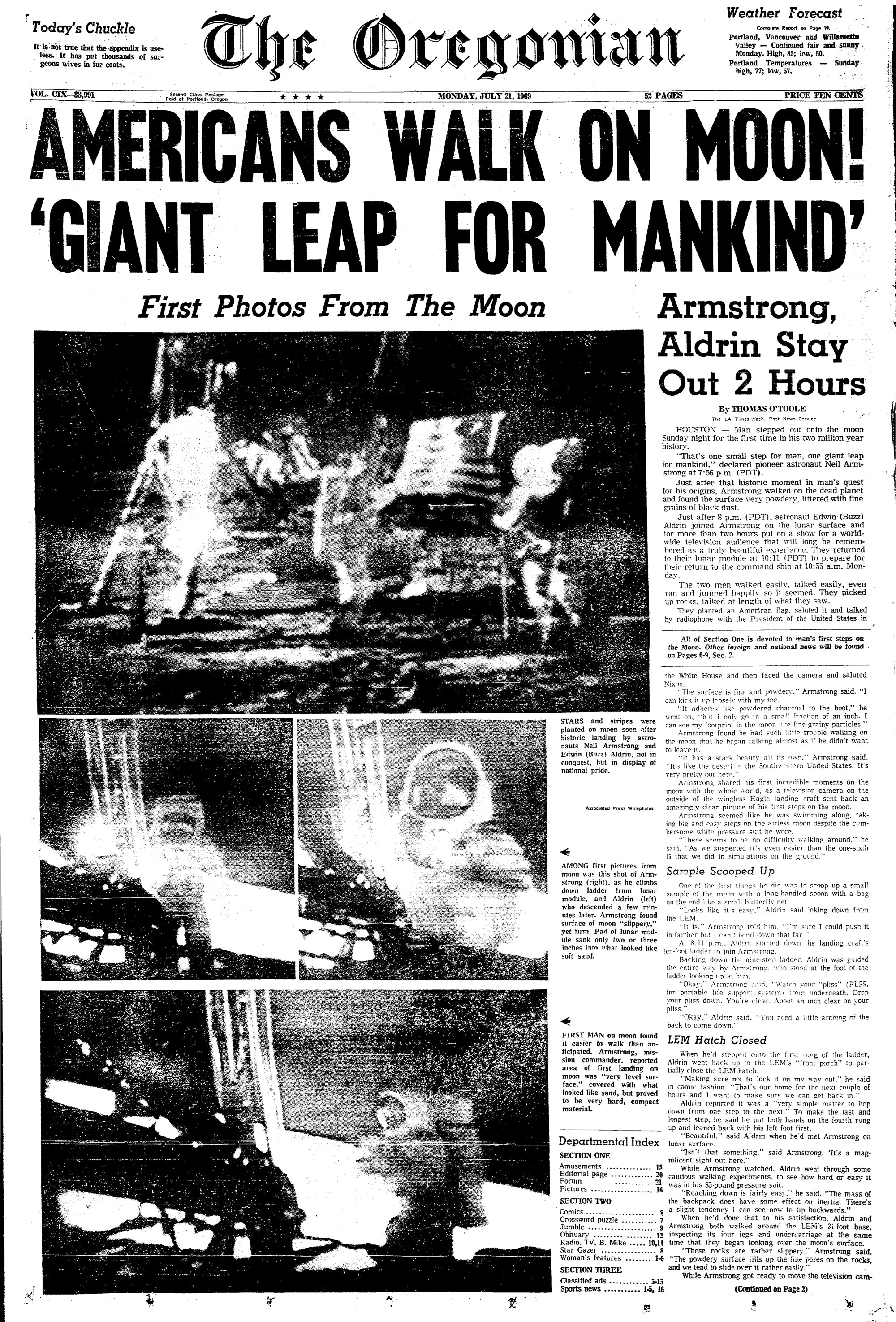 Commemorative Oregonian Front Page - Americans Walk on Moon!