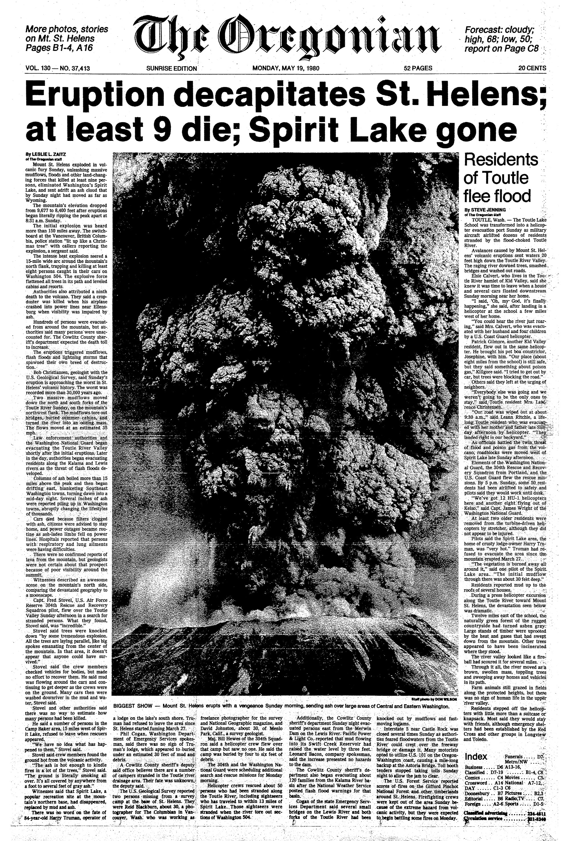 Commemorative Oregonian Front Page - Eruption Decapitates St. Helen's