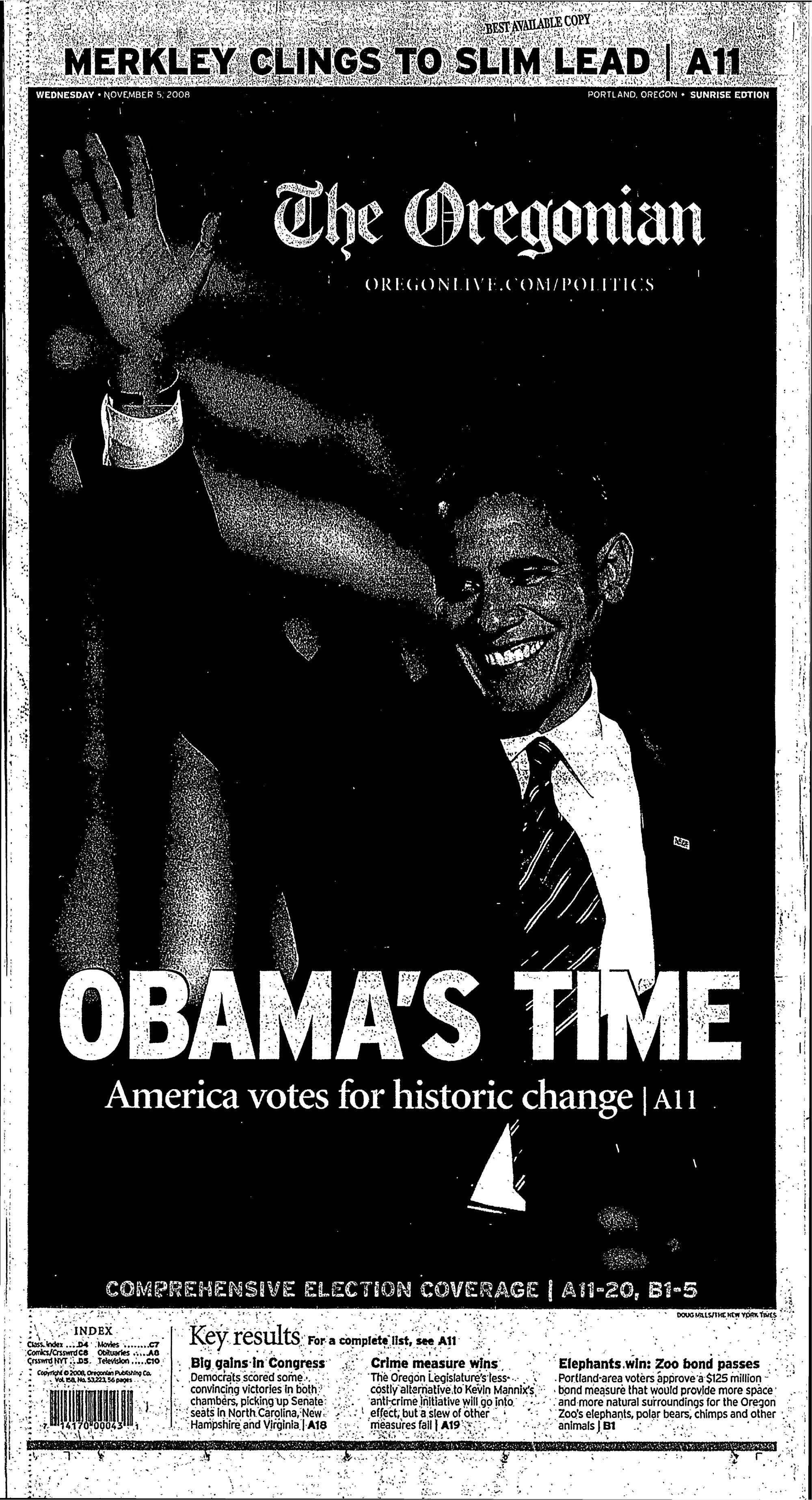 Commemorative Oregonian Front Page - Obama's Time