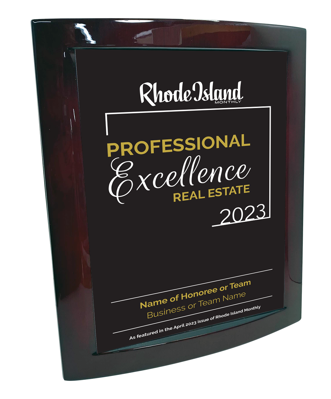 Rhode Island Monthly Professional Excellence in Real Estate Award Plaque - Rosewood with Metal Inlay