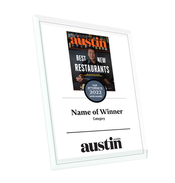 Austin Monthly "Top Attorneys" Glass Cover Award Plaque