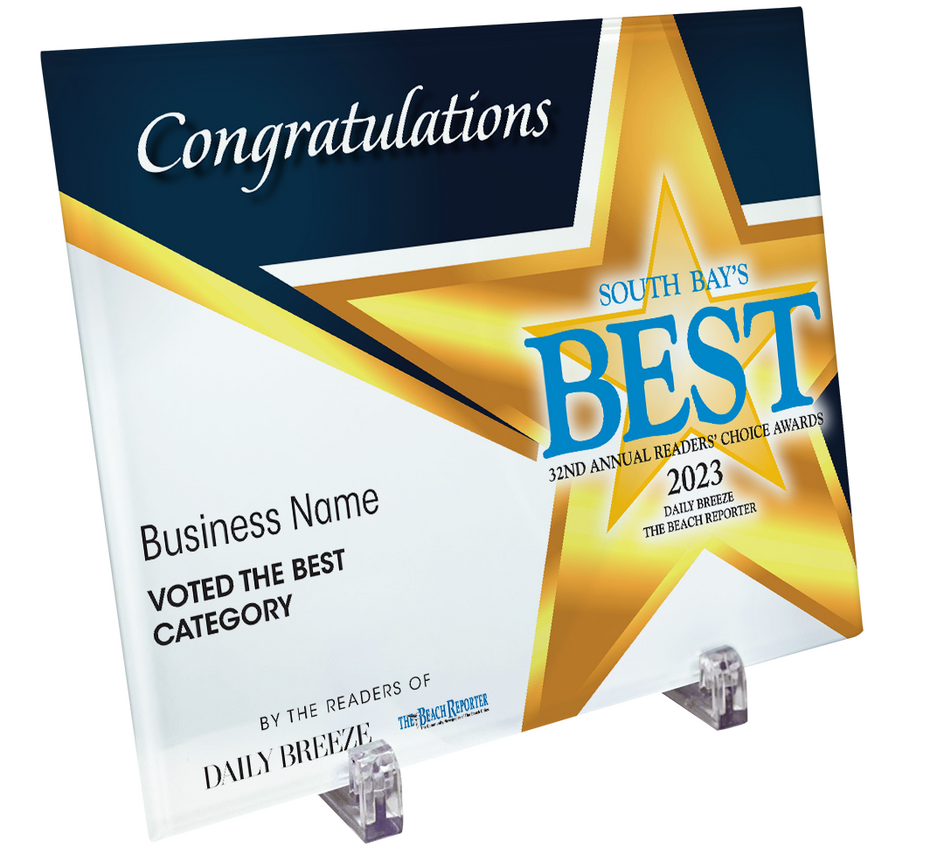 South Bay's Best Of Certificate and Readers Choice - Crystal Plaque