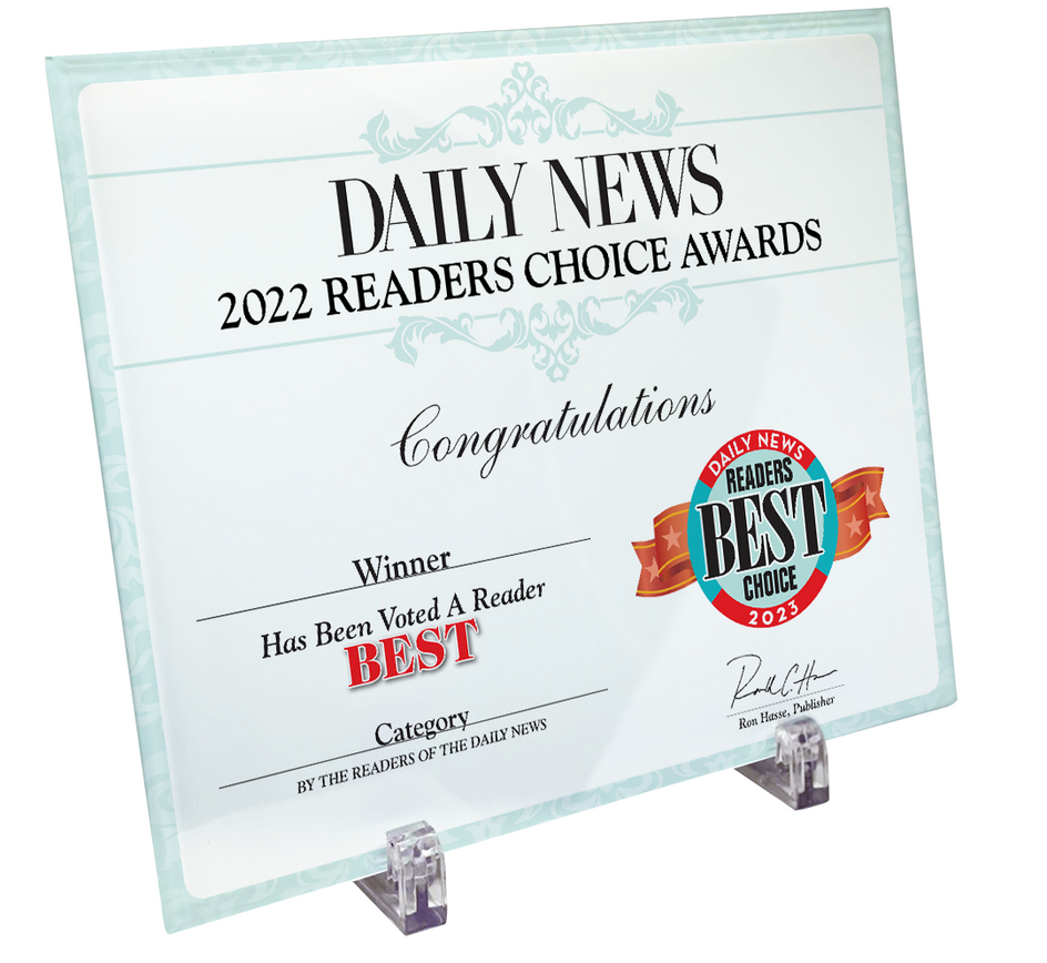 LA Daily News Best Of Certificate and Readers Choice - Crystal Plaque