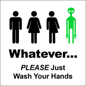 Gender Neutral Whatever Bathroom Sign with Green Alien by NewsKeepsake