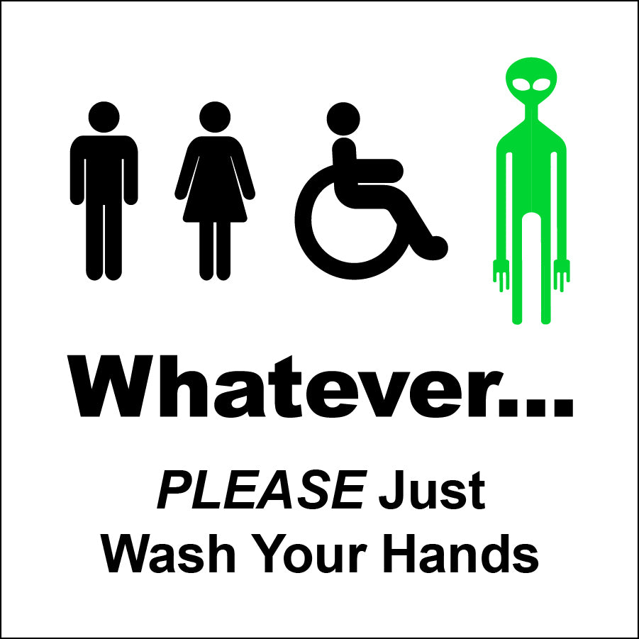 Whatever Bathroom Sign with Wheelchair and Green Alien by NewsKeepsake